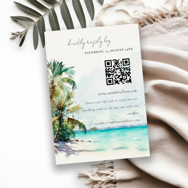 Tropical Beach Palm Tree Wedding RSVP QR Code Enclosure Card (Creator Uploaded)