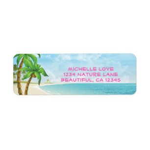 Tropical Beach, Palm Trees and Pink Text Adresse
