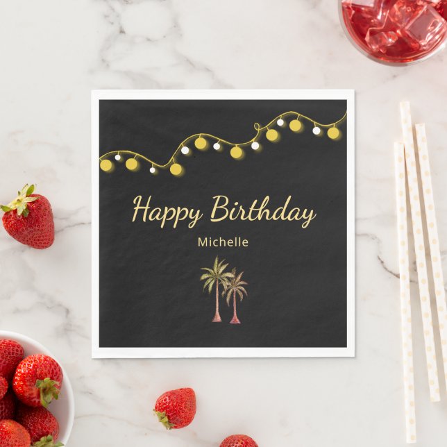 Tropical Beach Palm Trees Black Birthday Party Napkin (Insitu)