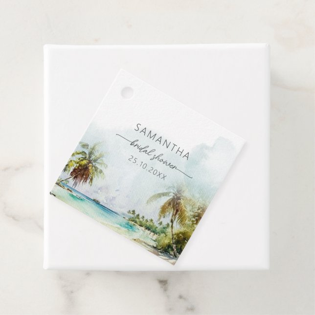 Tropical Beach Palm Trees Bridal Shower Favour Tag (In Situ)