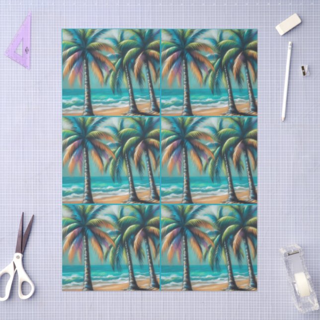 Tropical Beach Palm Trees Chalk-Pastel Decoupage  Tissue Paper (Craft)