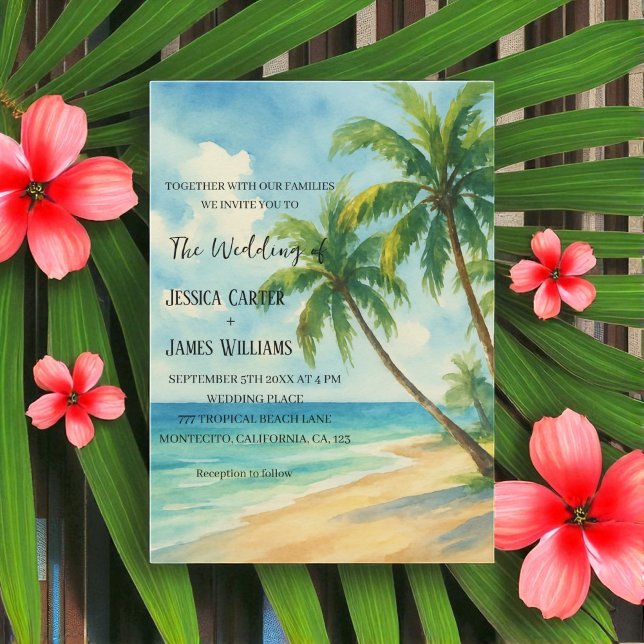 Tropical Beach Palm Trees Destination Wedding Invitation (Creator Uploaded)