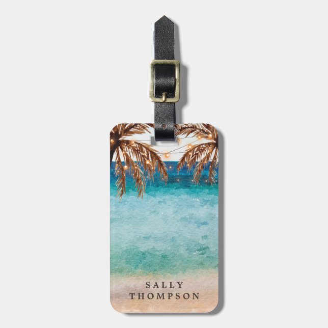tropical beach palm trees luggage tag label (Front Vertical)