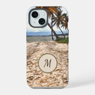 Tropical Beach Palm Trees Ocean Monogram iPhone 15 Case