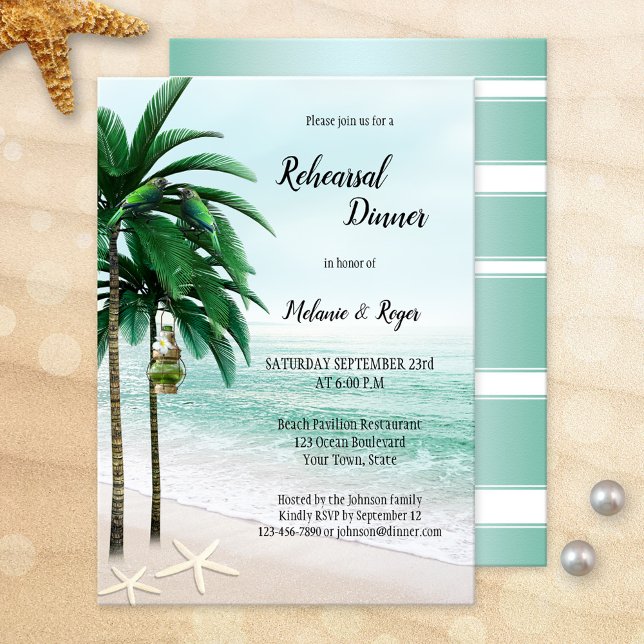 Tropical Beach Palm Trees Rehearsal Dinner Invitation (Beach or destination wedding tropical rehearsal dinner invitation featuring palm trees and starfish)