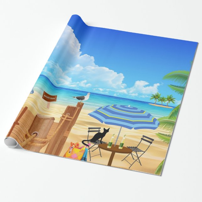 Tropical beach palm trees sea summer pattern wrapping paper (Unrolled)