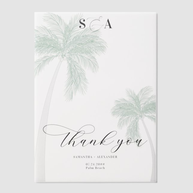 Tropical Beach Palm Trees Simple Script Thank You Vellum Invitations (Front)