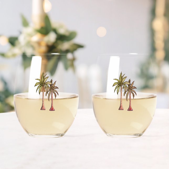 Tropical Beach Palm Trees Simple Summer Stemless Wine Glass (Insitu (Wedding))