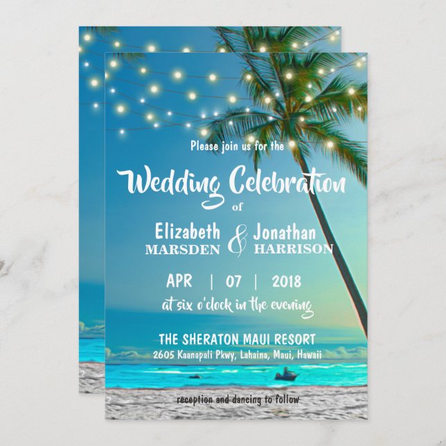 Tropical Beach Palm Trees String Lights Modern Invitation (Front/Back)