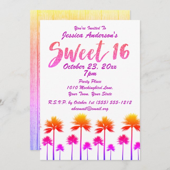 Tropical Beach Palm Trees Sweet Sixteen Invitation (Front/Back)
