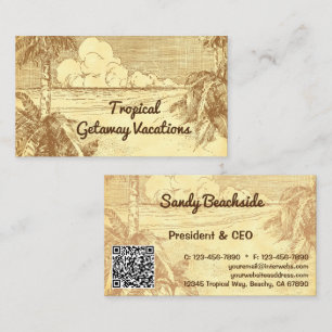 Tropical Beach Palm Trees Vintage Art Custom QR Business Card