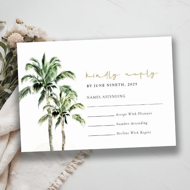 Tropical Beach Palm Trees Watercolor Wedding Rsvp Card (Creator Uploaded)
