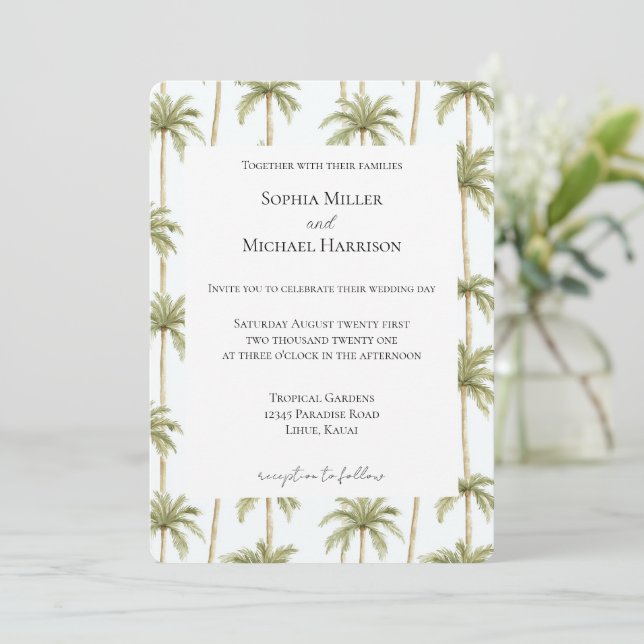 Tropical Beach Palm Trees Wedding Invitation (Standing Front)