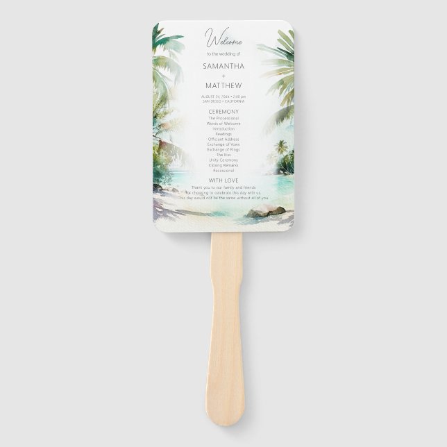 Tropical Beach Palm Trees Wedding Program Hand Fan (Front)