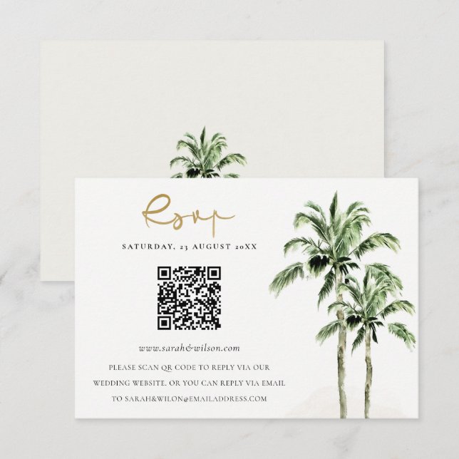 Tropical Beach Palm Trees Wedding QR Code RSVP Enclosure Card (Front/Back)