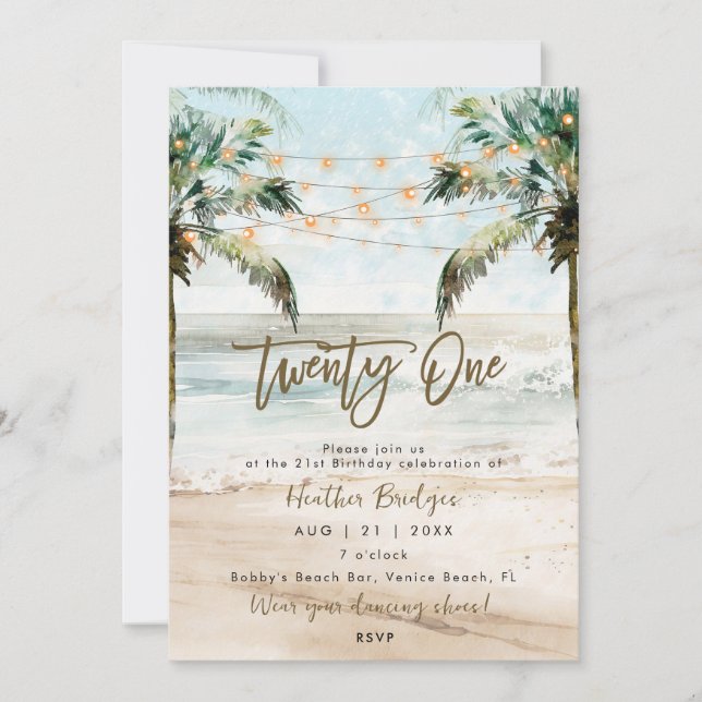 Tropical beach palms 21st birthday party invitation (Front)