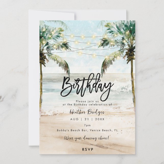 Tropical beach palms birthday party invitation (Front)