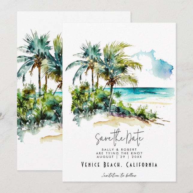 Tropical beach palms lights save the date card (Front/Back)