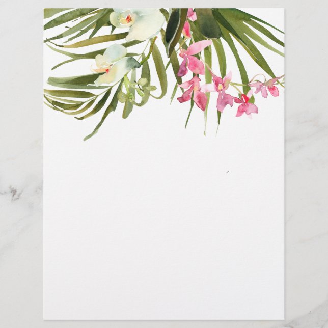 Tropical Beach Palms Orchids Pink Floral Bridal Letterhead (Front)
