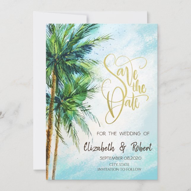 Tropical Beach,Palms Save The Date (Front)