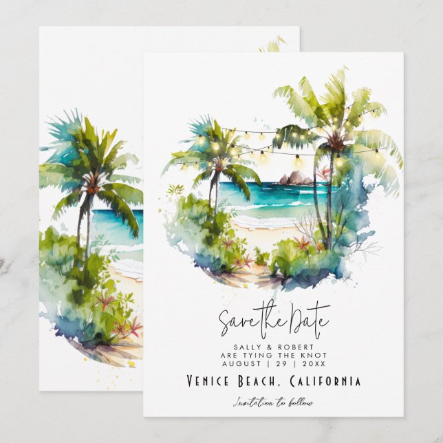 Tropical beach palms save the date card (Front/Back)