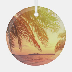 Tropical Beach Paradise: Serene Landscape. Glass Ornament