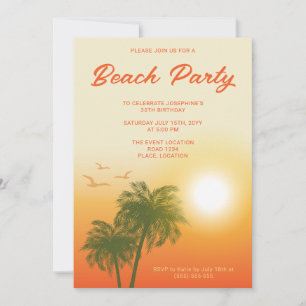 Tropical Beach Party Sunset Palm Trees Birthday Invitation