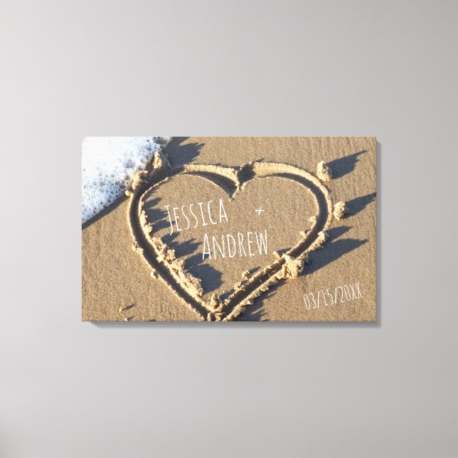 Tropical Beach Personalized Names Heart in Sand Canvas Print (Front)