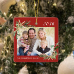 Tropical Beach Photo Christmas Red Ceramic Ornament<br><div class="desc">This beach inspired Christmas ornament with festive red background and white text makes a great annual holiday keepsake, easily customized for a unique gift with the photo and text templates. Holiday watercolor sprigs of holly, pine, and starfish in two corners frame the photo on both sides. Please contact me through...</div>