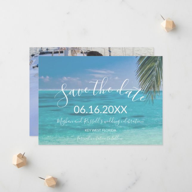 Tropical Beach Photo Wedding Save the Date Announcement (Front/Back In Situ)