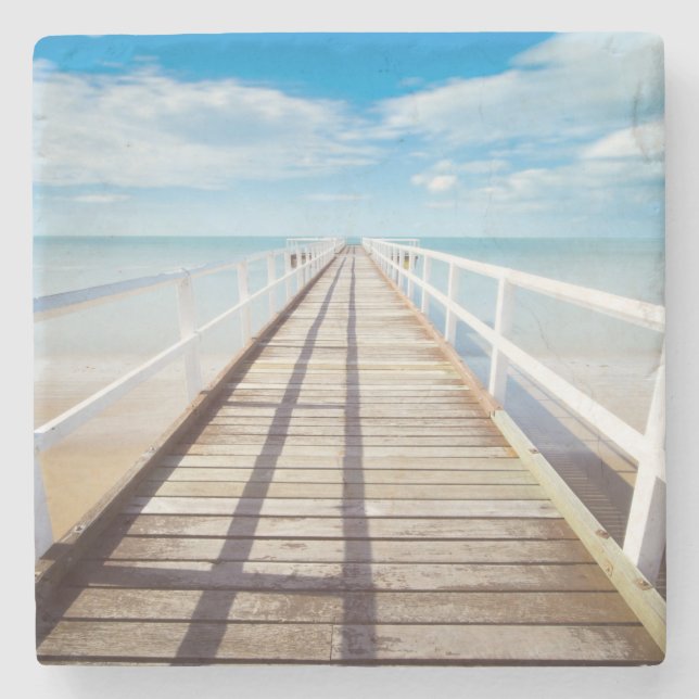 Tropical Beach Pier Stone Coaster (Front)