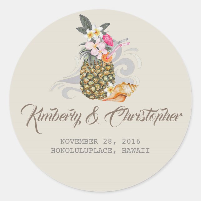Tropical Beach Pineapple Wedding Classic Round Sticker (Front)
