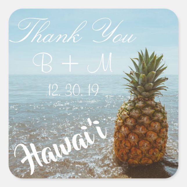 Tropical Beach Pineapple Wedding Favour Square Sticker (Front)