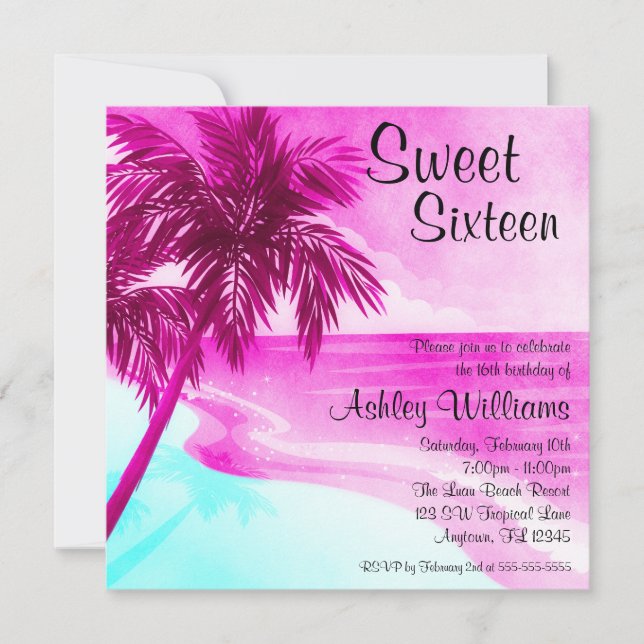 Tropical Beach Pink Sweet 16 Invitations Anniversa (Devant)