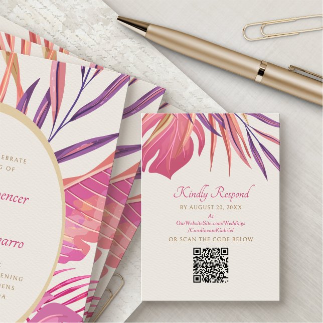 Tropical Beach Pink Wedding RSVP QR Enclosure Card (Creator Uploaded)
