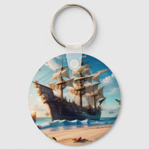 Tropical Beach Pirate Ship Keychain