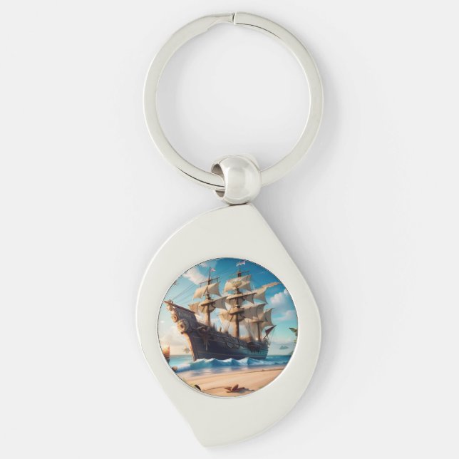 Tropical Beach Pirate Ship Keychain (Front)