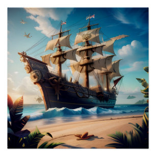 Tropical Beach Pirate Ship Poster