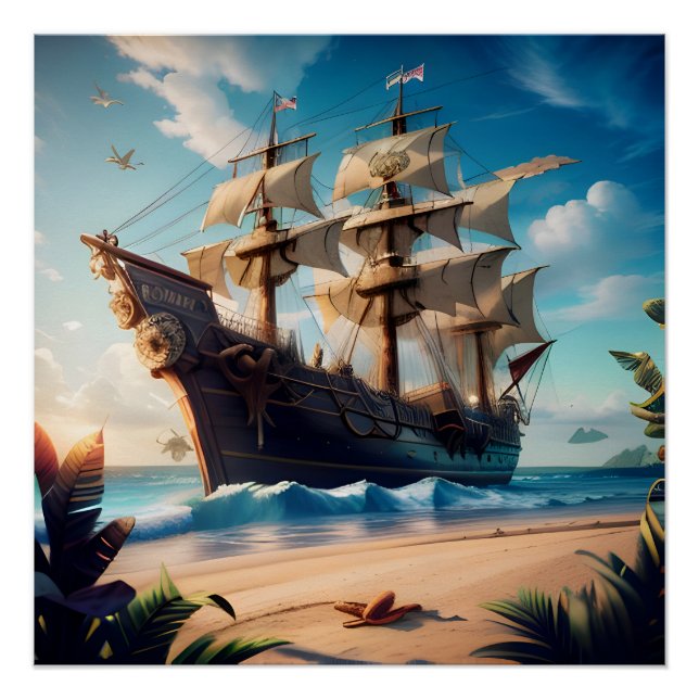Tropical Beach Pirate Ship Poster (Front)
