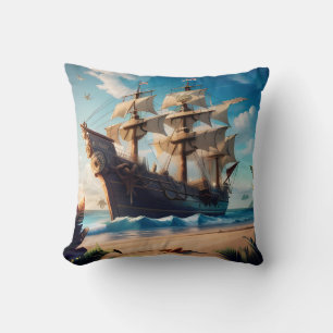Tropical Beach Pirate Ship Throw Pillow