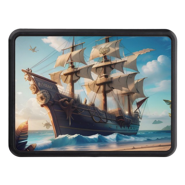 Tropical Beach Pirate Ship Trailer Hitch Cover (Front)