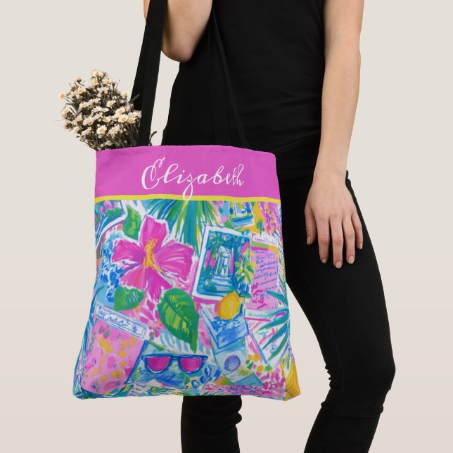Tropical Beach Postcards Personalized Tote Bag (Close Up)