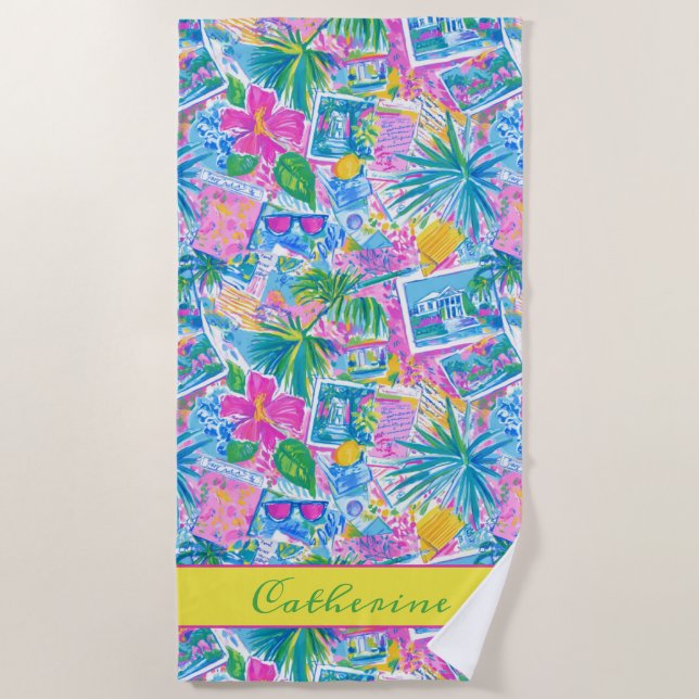 Tropical Beach Postcards Personalized Towel (Front)