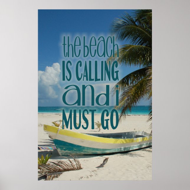 Tropical Beach Poster Palm Tree Boats Travel (Front)
