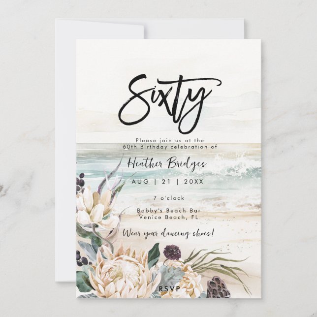 Tropical beach protea 60th birthday party invitation (Front)