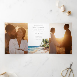Tropical Beach QR Code 3 Photo Wedding Tri-Fold Invitation