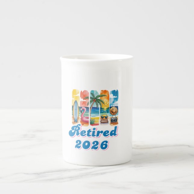 Tropical beach retirement bone china mug (Front)