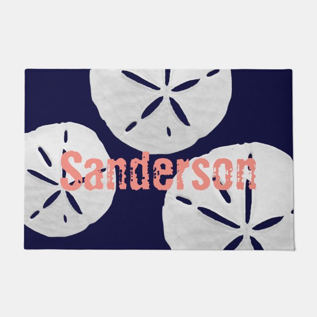 Tropical Beach Sand Dollars Navy Coral Family Name Doormat (Front)