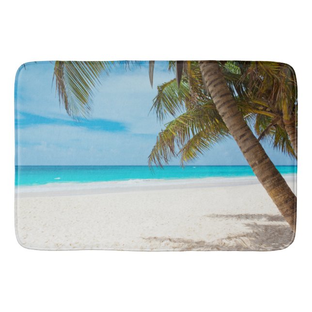 Tropical Beach, Sand, Ocean, Palm Tree Fun Summery Bath Mat (Front)