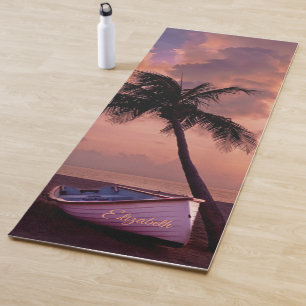 Tropical Beach,Sand,Palm,Boat,Sunset-Personalized Yoga Mat